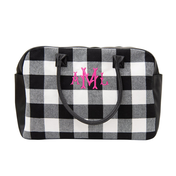 Monogrammed view of our Buffalo Check Duffle Bag