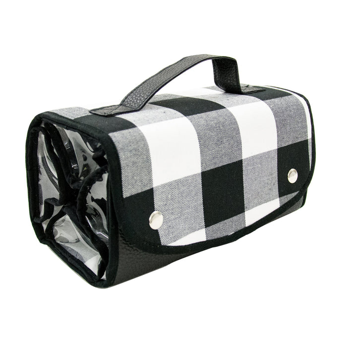 Front view of our Buffalo Check Roll Up Cosmetic Bag