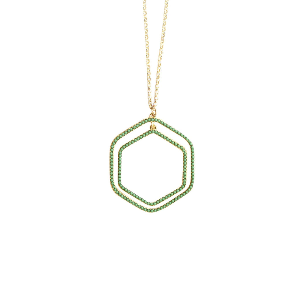 Front view of our Green Bead Hexagon Necklace