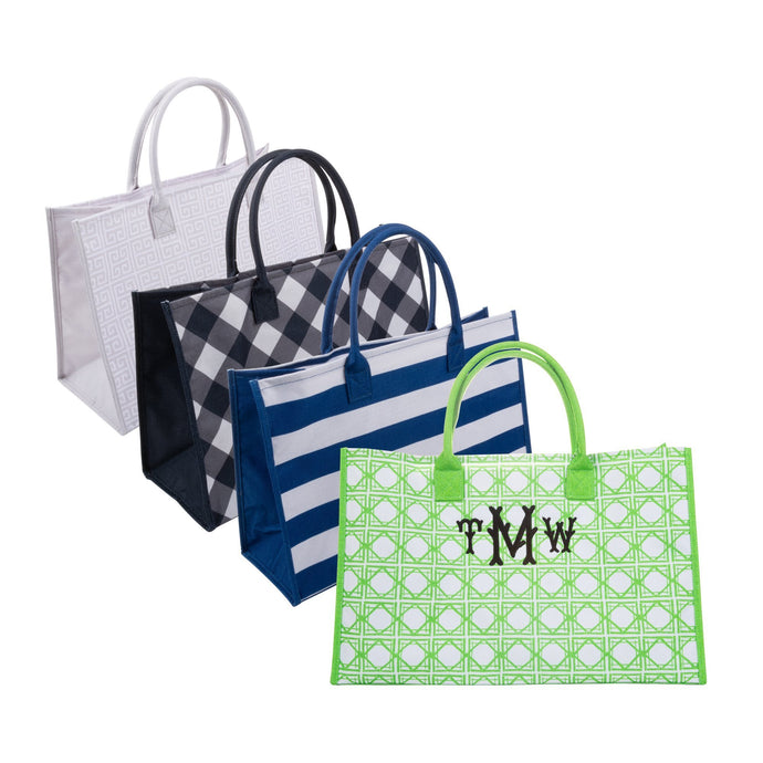 Monogrammed view of our Green Bamboo Box Tote