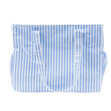 Load image into Gallery viewer, Front view of our Blue Stripe Vinyl Diaper Bag

