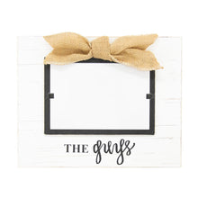 Load image into Gallery viewer, White frame with burlap bow, black hand lettering says, &quot;The Guys&quot; 
