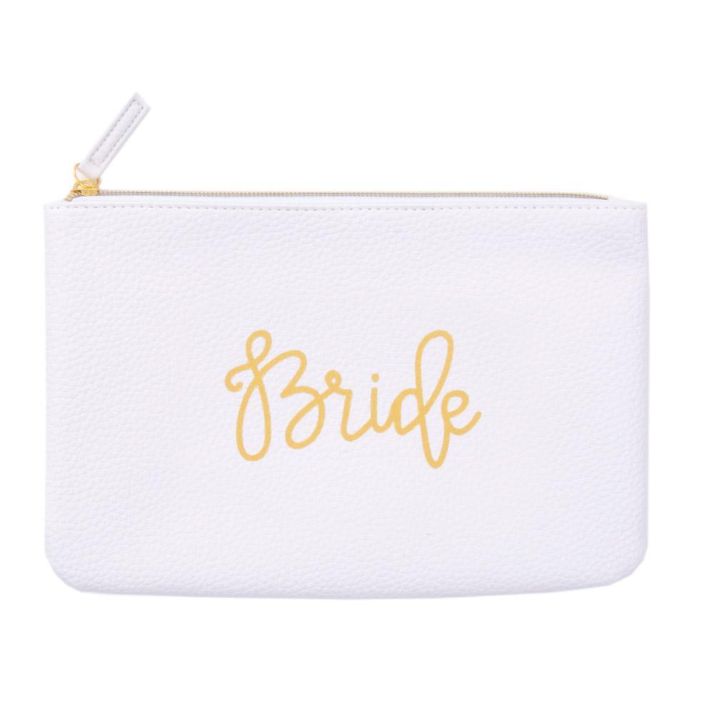 Bride white zippered pouch, hand lettered in gold