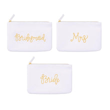 Load image into Gallery viewer, All three white bridal pouches with gold hand lettering Bride, Mrs., Bridesmaid, gold zipper 
