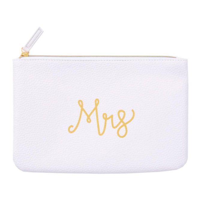 MRS white zippered pouch, hand lettered in gold