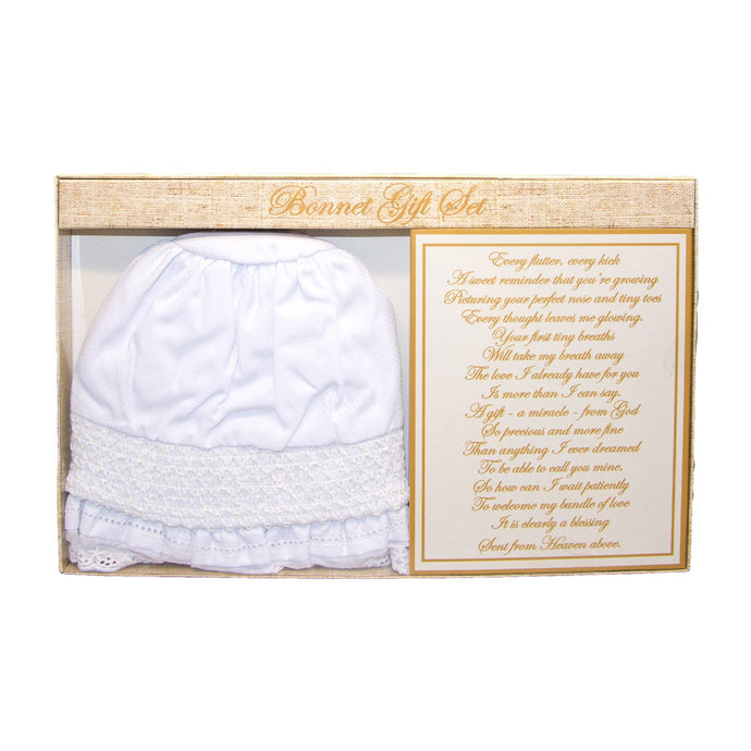 Front view of our Christening Baby Bonnet