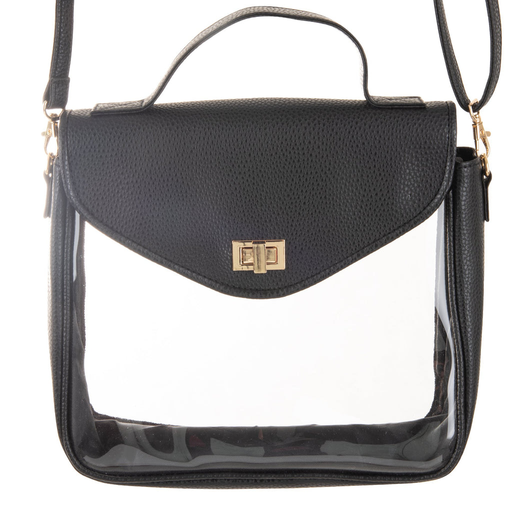Front view of the black envelope crossbody