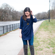 Load image into Gallery viewer, Lifestyle view of our Navy Cowl Neck Slouch Shirt

