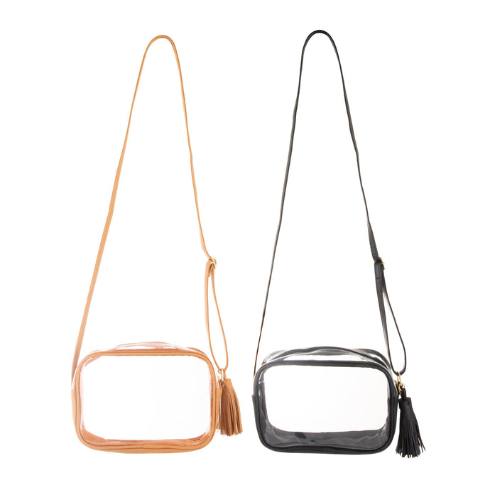 Front view of the black and tan rectangle crossbody