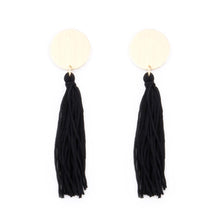 Load image into Gallery viewer, Disc Tassel Earrings in black and gold
