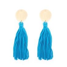 Load image into Gallery viewer, Disc Tassel Earrings in turquoise and gold
