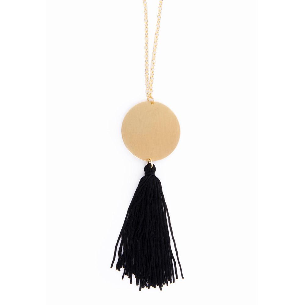 Disc Tassel Necklace in black and gold