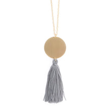 Load image into Gallery viewer, Disc Tassel Necklace in gray and gold
