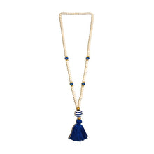 Load image into Gallery viewer, Front view of our Navy Fall Ceramic Bead Tassel Necklace
