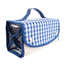 Load image into Gallery viewer, View of our Blue Gingham Roll Up Cosmetic Bag
