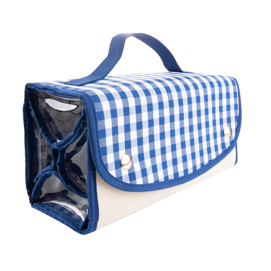 View of our Blue Gingham Roll Up Cosmetic Bag