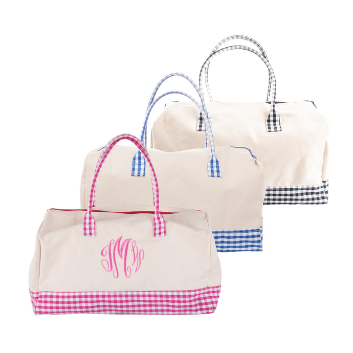 Front view of our Gingham Getaway Duffle Bags