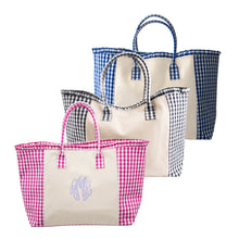 Load image into Gallery viewer, Weekender tote in pink, black and blue gingham
