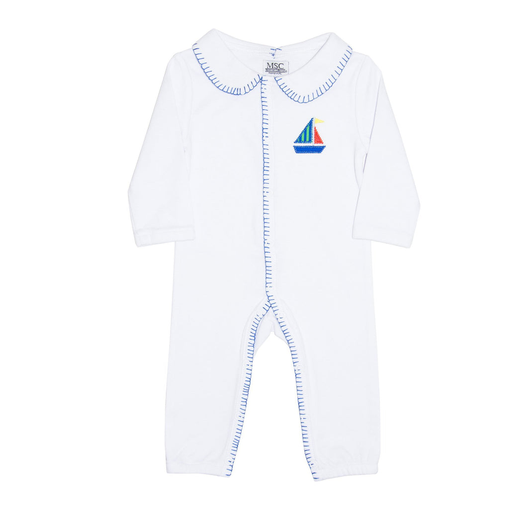 Front view of our Boy Green Sailboat Convertible Onesie