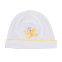 Load image into Gallery viewer, Front view of our Yellow Butterfly French Knot Beanie
