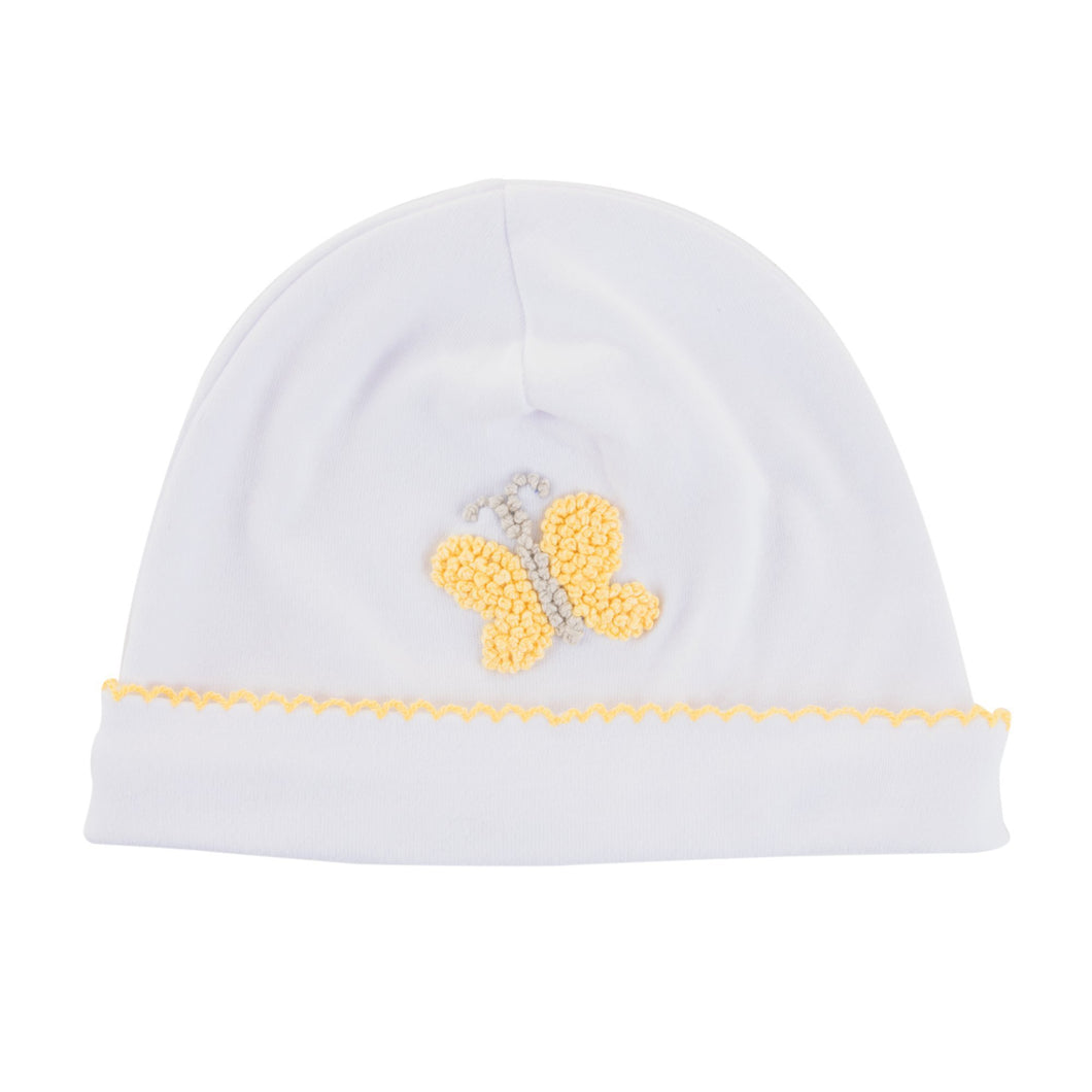 Front view of our Yellow Butterfly French Knot Beanie