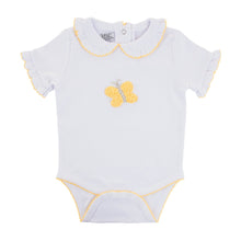 Load image into Gallery viewer, Front view of our Yellow Butterfly French Knot Onesie
