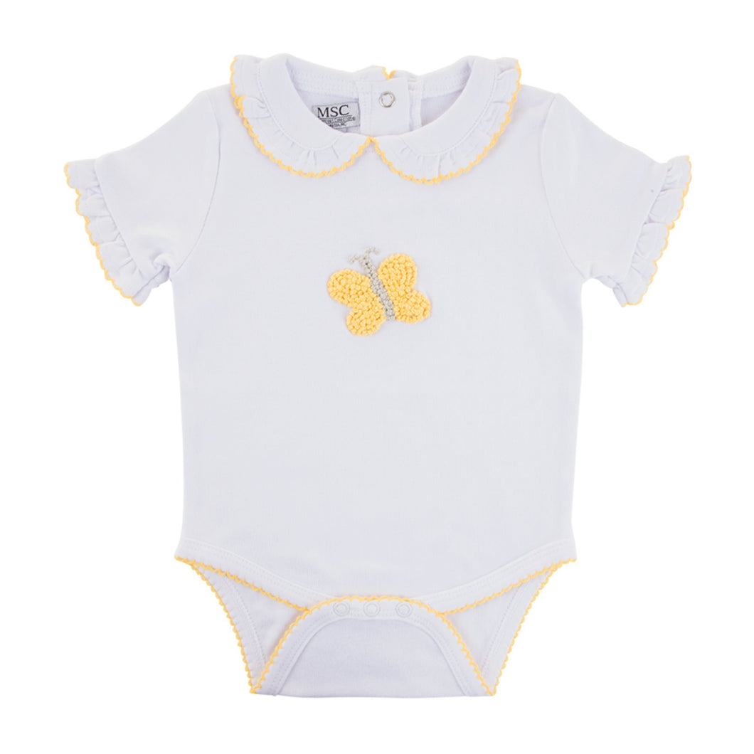 Front view of our Yellow Butterfly French Knot Onesie