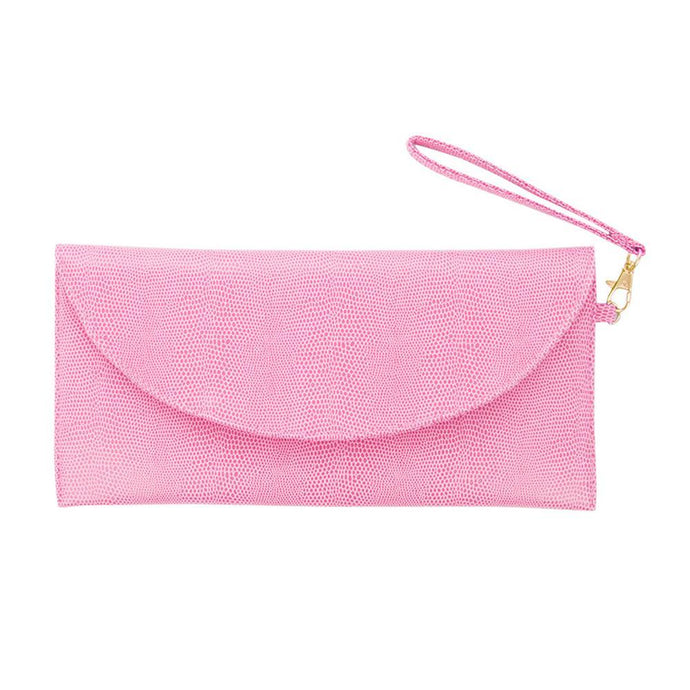 Front view of our Pink Lizard Foldover Clutch