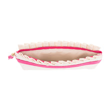 Load image into Gallery viewer, Top view of our Pink Monogram Linen Ruffle Pouch
