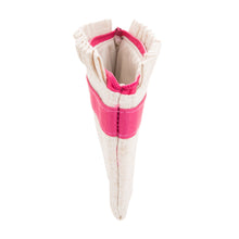 Load image into Gallery viewer, Side view of our Pink Monogram Linen Ruffle Pouch
