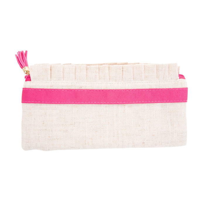 Pink Monogram Linen Ruffle Pouch