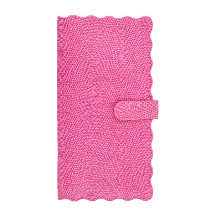 Front view of our Pink Lizard Scallop Travel Wallet