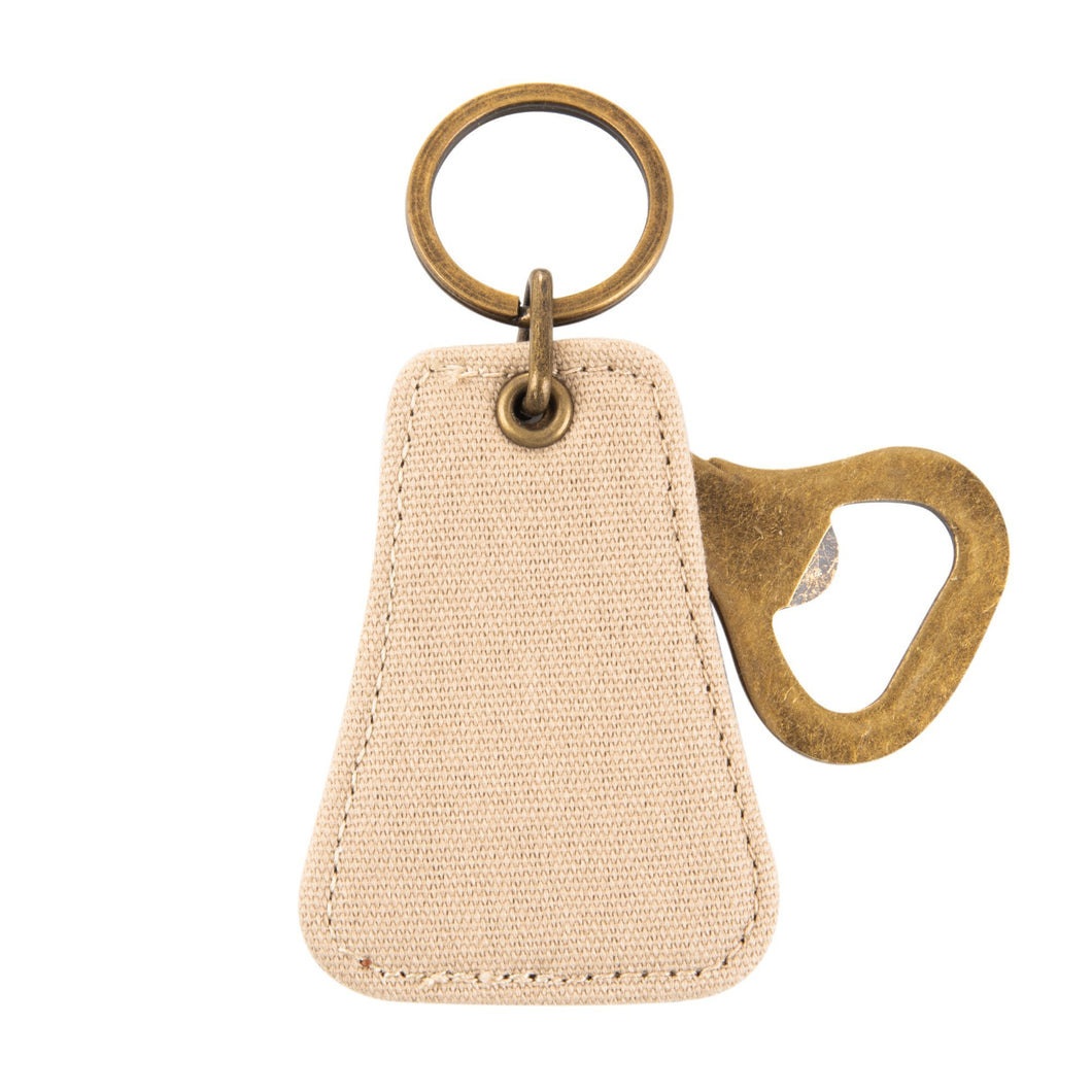 Front view of our Tan Canvas Bottle opener Keychain