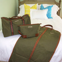 Load image into Gallery viewer, Personalized dopp kit, duffle bag and suit bag on a bed
