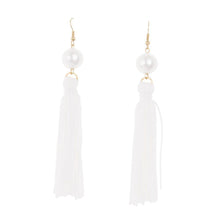 Load image into Gallery viewer, Front view of our White Pearl Tassel Earrings
