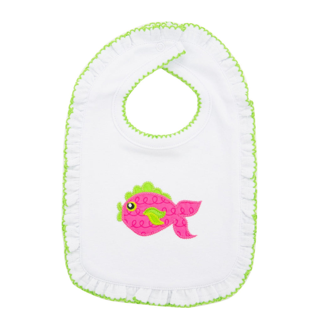 Front view of our Girl Pink Fish Icon Bibs