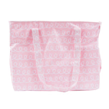 Load image into Gallery viewer, Front view of our Pink Swirl Vinyl Diaper Bag
