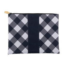 Load image into Gallery viewer, black and white check pouch with bamboo zipper pull
