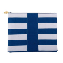 Load image into Gallery viewer, blue and white stripe pouch with bamboo zipper pull
