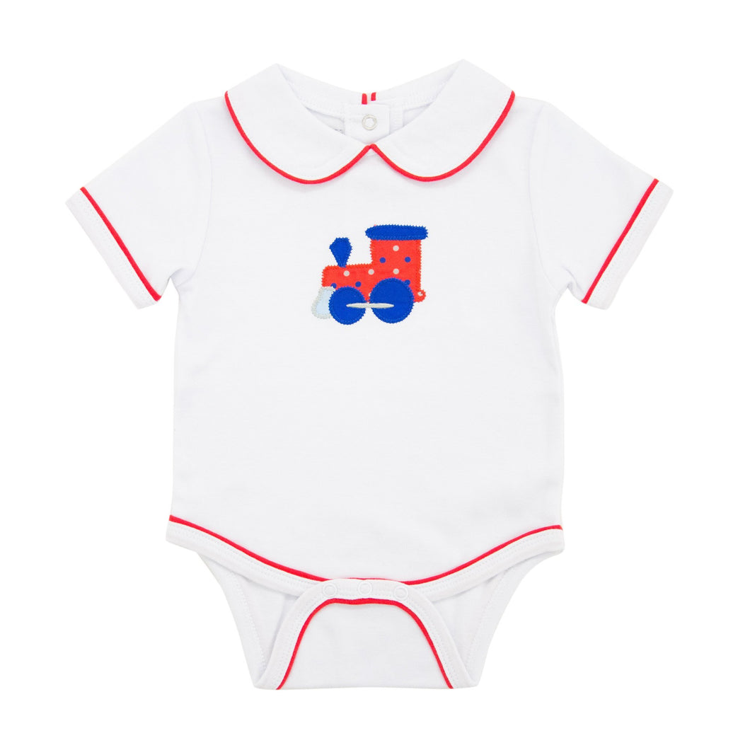 Front view of our Red Train Boy Bubble Onesie
