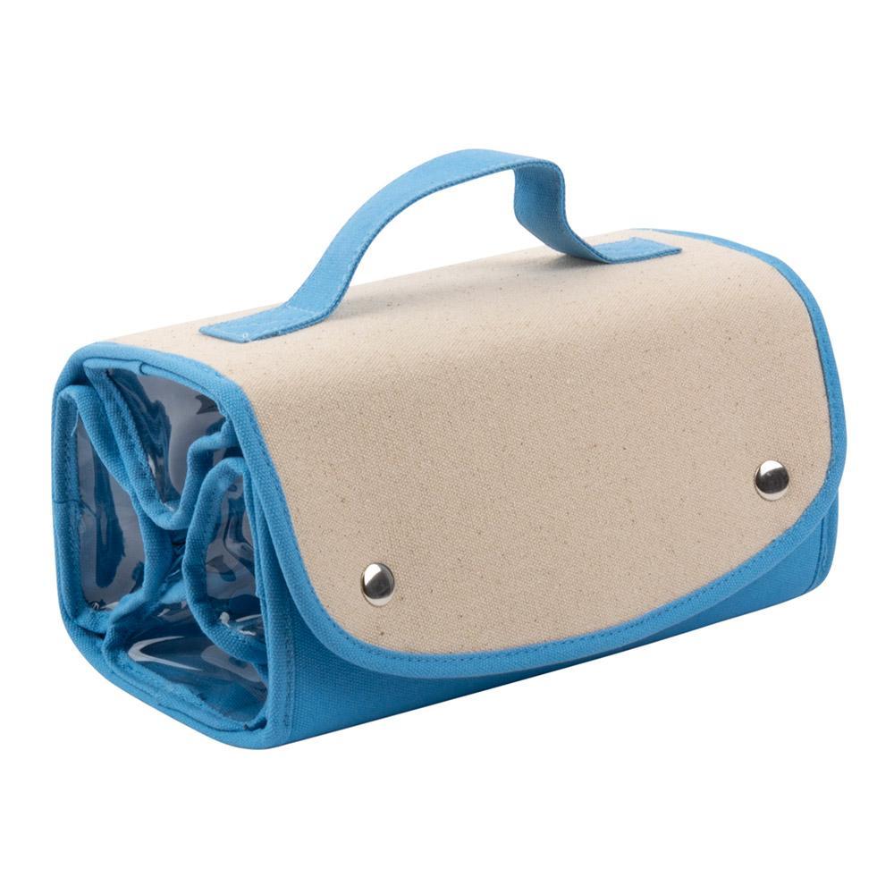 hanging roll-up makeup organizer and travel bag Canvas Roll Up Cosmetic, Light Blue