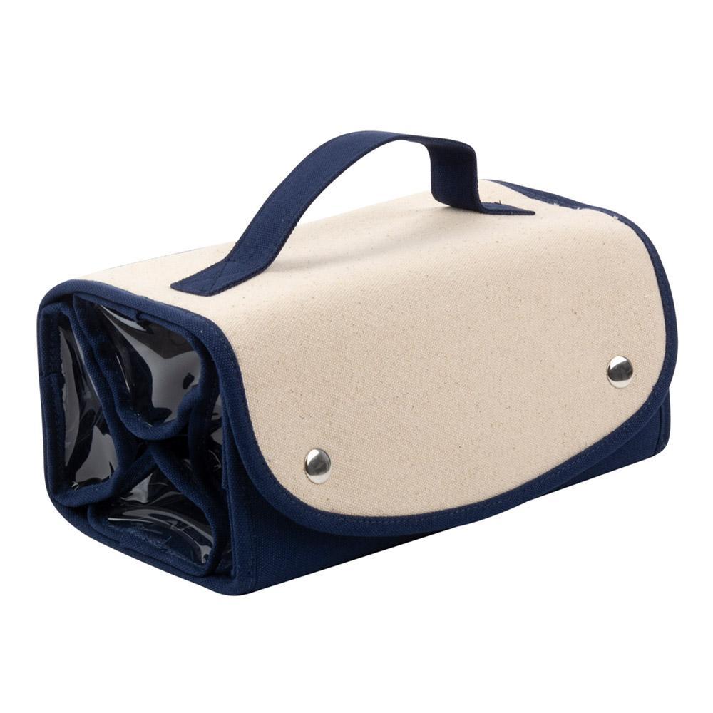 Front view of the navy roll up cosmetic