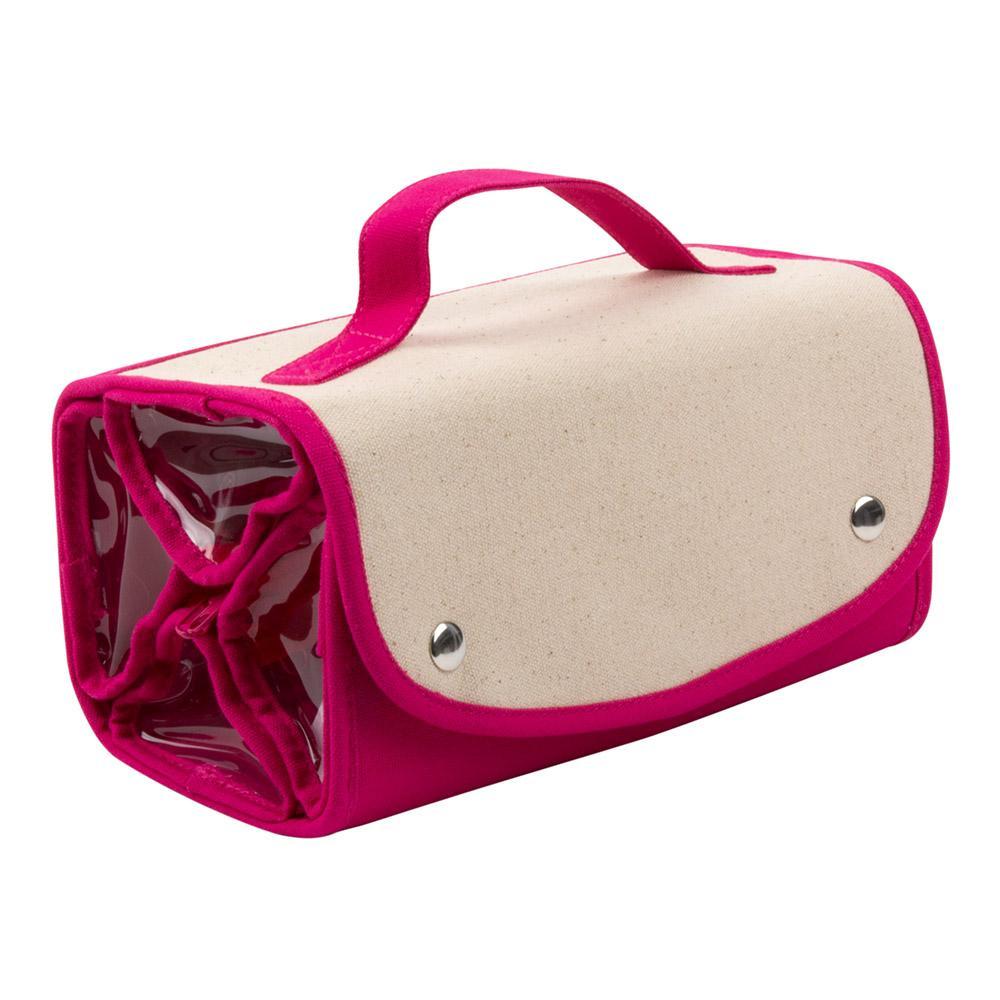 Front view of the pink roll up cosmetic