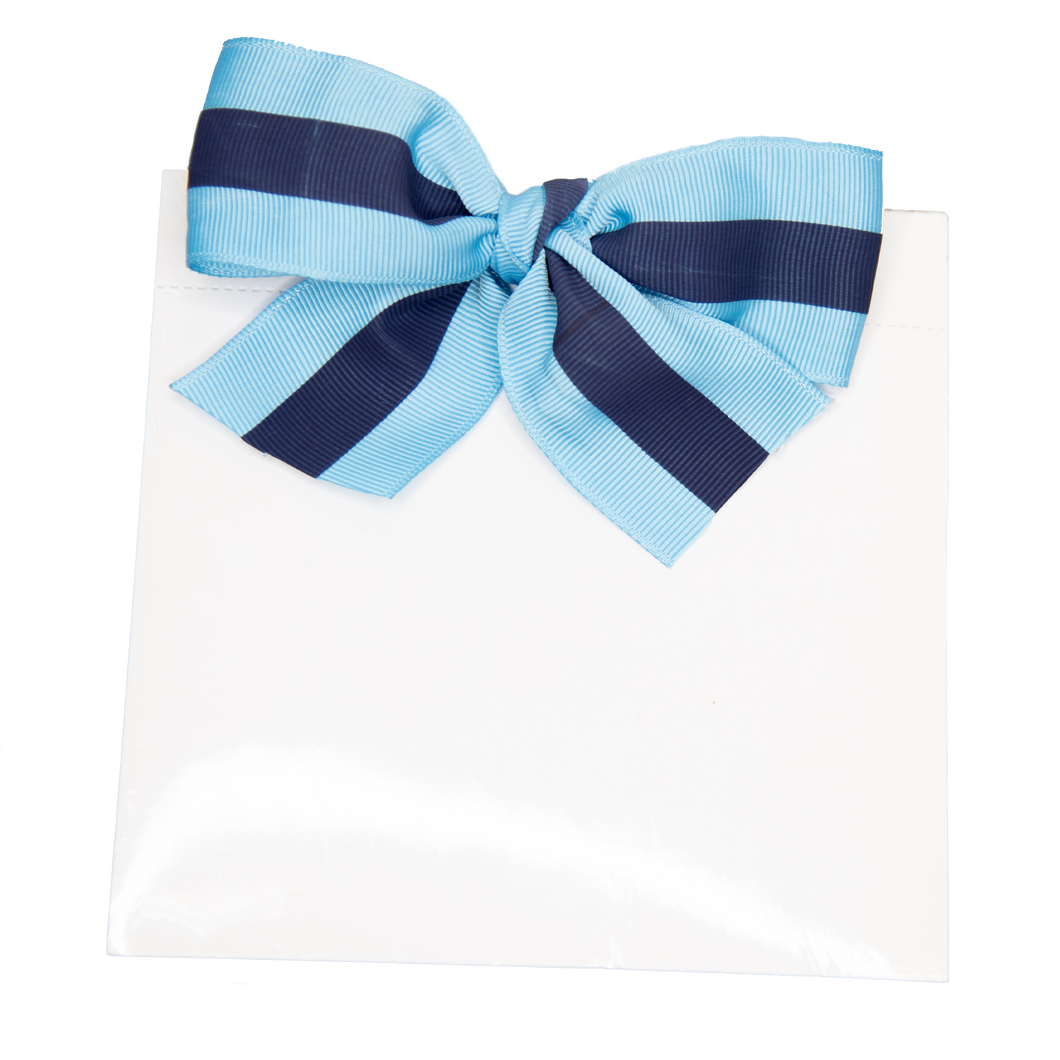 Front view of the navy and light blue canvas ribbon notepad