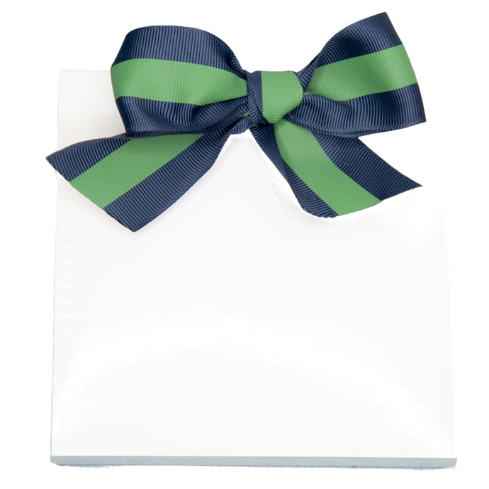 Front view of the green and navy canvas ribbon notepad