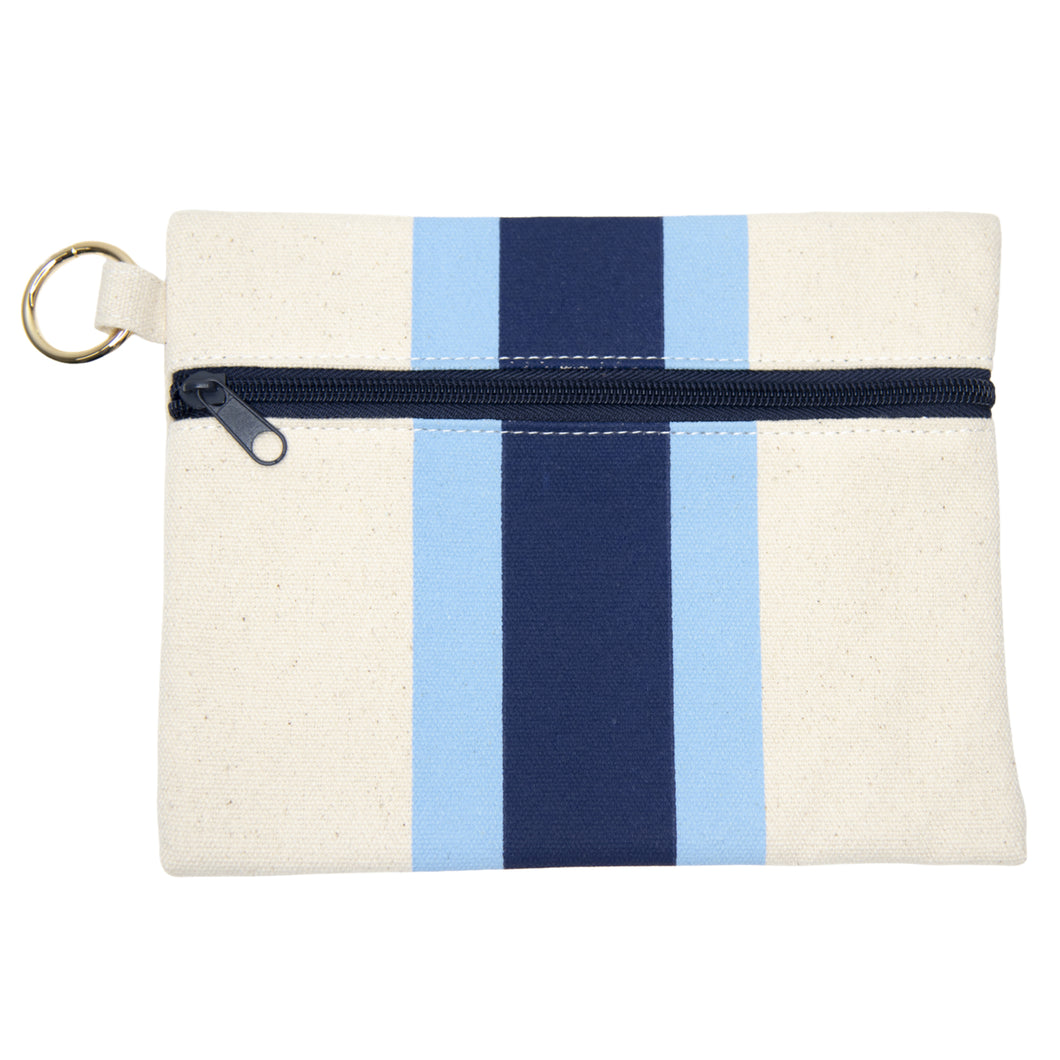 Front view of the light blue and navy pouch