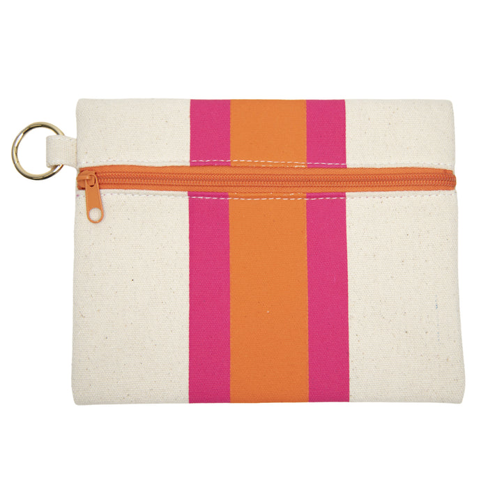 Front view of the orange and pink pouch