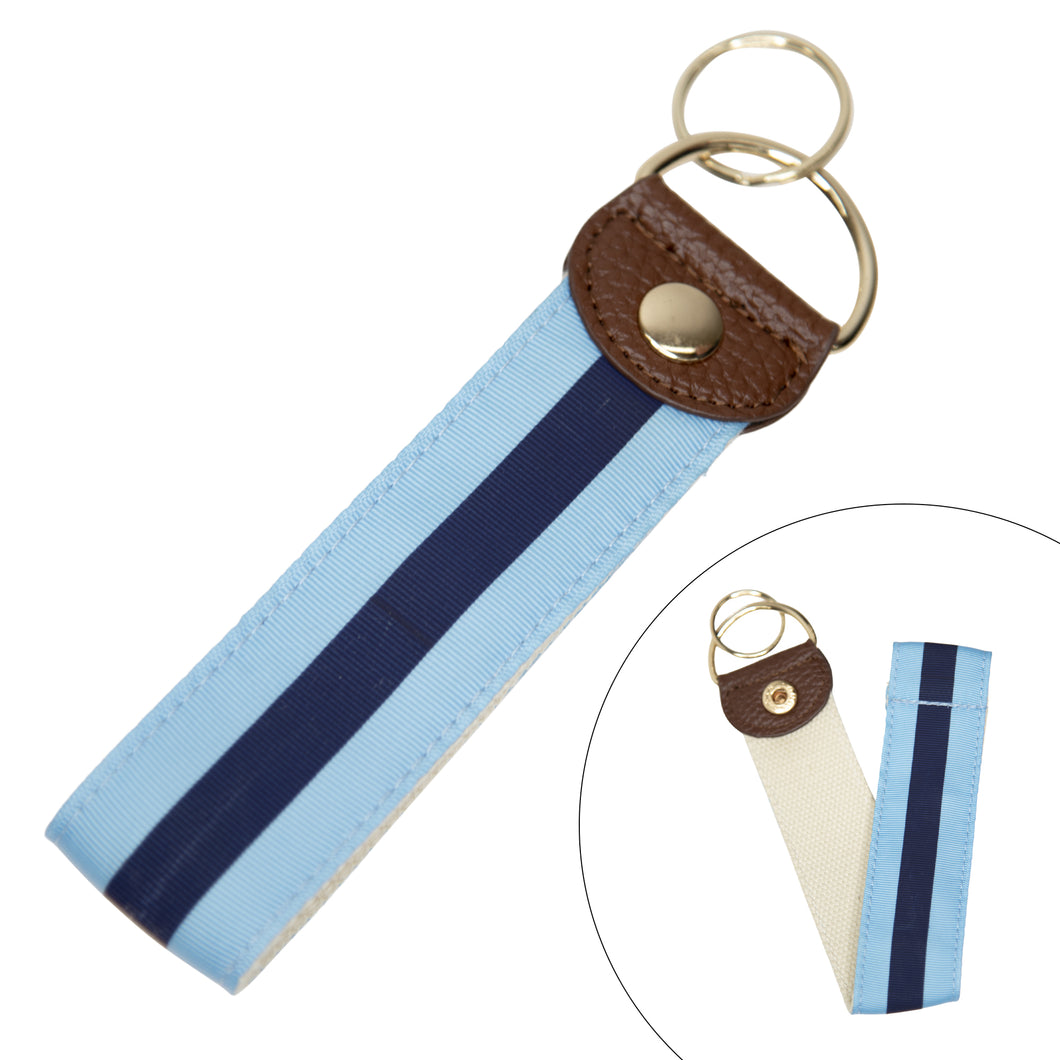 Front view of the navy and light blue key fob