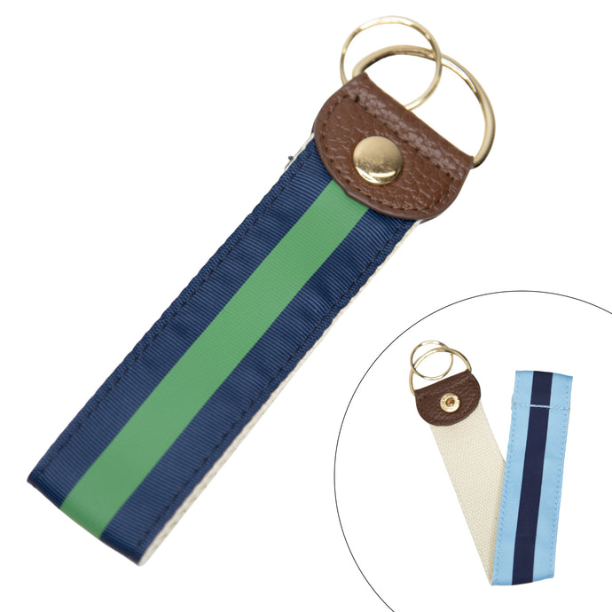 Front view of the green and navy key fob