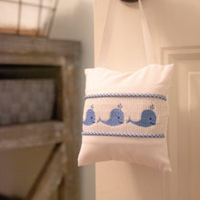 Load image into Gallery viewer, Lifestyle image of our Blue Whale Smocked Music Pillow
